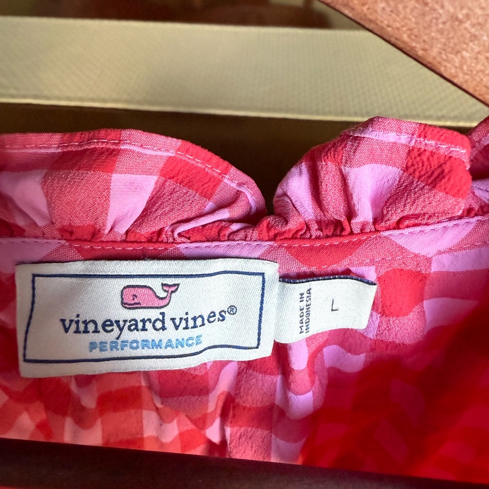 Vineyard Vines Harbor Gingham Ruffle Popover Top Sz L - Picture 2 of 9
